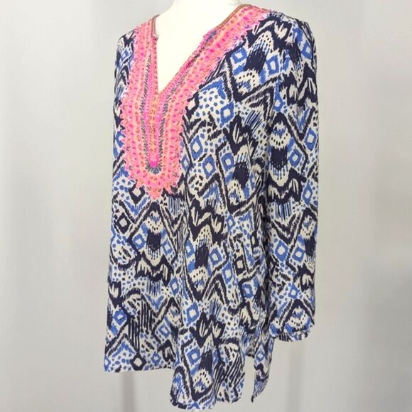 Lilly Pulitzer Beaded 100% Silk Pink Blue Renato Dinner Tunic Oh My Cod Large - Picture 7 of 15